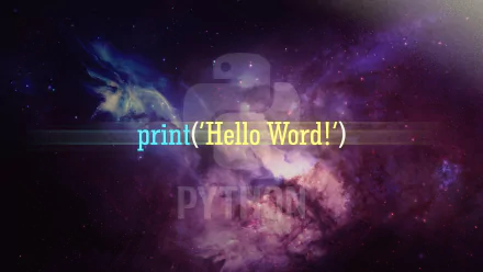 HD desktop wallpaper featuring a vibrant space background with colorful programming text print('Hello Word!') highlighting technology and coding themes.