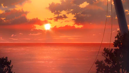 HD desktop wallpaper featuring an anime-style beach sunset from Darling in the FranXX. The scene showcases a vibrant orange sky over calm waters, framed by silhouetted trees and boat masts.