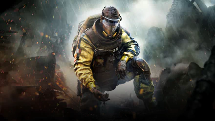A HD desktop wallpaper featuring a character from Tom Clancy's Rainbow Six: Siege, wearing a gas mask and tactical gear, set against a dramatic, smoke-filled background.