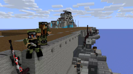 4K Ultra HD Minecraft wallpaper featuring characters in military gear positioned along a fortress wall and armored vehicles under a bright, blocky sky.
