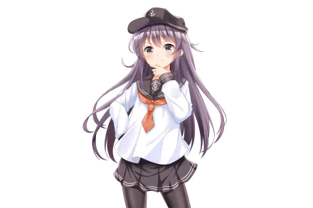 Akatsuki (Kantai Collection) anime character in sailor uniform and cap, long purple hair on white background — HD PC desktop wallpaper/background.
