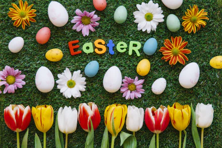 4K Ultra HD desktop wallpaper featuring colorful Easter eggs, vibrant tulips, daisies, and spring flowers arranged on grass with the word Easter in bright letters.