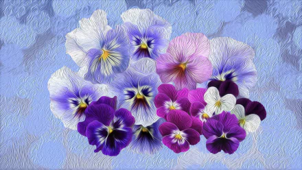 Oil painting-style HD desktop wallpaper featuring an artistic arrangement of purple pansy flowers on a textured blue background.