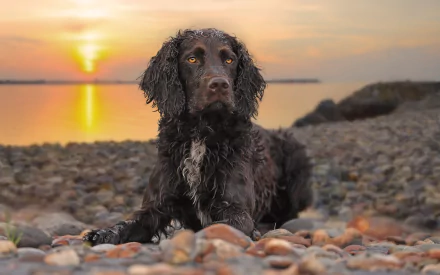 An American Water Spaniel with a black, curly coat lies on a stone shore at sunset, captured with depth of field in this HD desktop wallpaper.