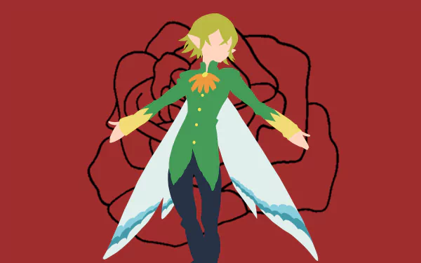 Minimalist anime wallpaper featuring Helbram from The Seven Deadly Sins, depicted as a fairy with wings, set against a red background adorned with a black rose outline.