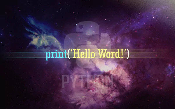 HD desktop wallpaper featuring a vibrant space background with colorful programming text print('Hello Word!') highlighting technology and coding themes.