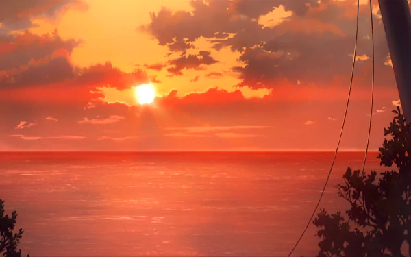 HD desktop wallpaper featuring an anime-style beach sunset from Darling in the FranXX. The scene showcases a vibrant orange sky over calm waters, framed by silhouetted trees and boat masts.