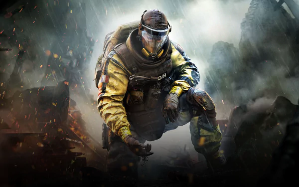 A HD desktop wallpaper featuring a character from Tom Clancy's Rainbow Six: Siege, wearing a gas mask and tactical gear, set against a dramatic, smoke-filled background.