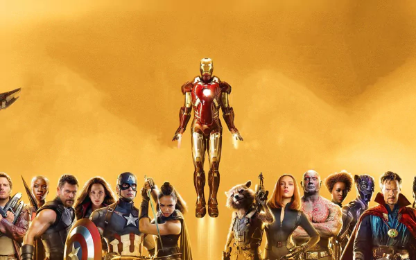 HD desktop wallpaper featuring Iron Man leading The Avengers against a golden backdrop, from the movie Avengers: Infinity War.