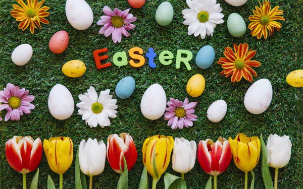 4K Ultra HD desktop wallpaper featuring colorful Easter eggs, vibrant tulips, daisies, and spring flowers arranged on grass with the word Easter in bright letters.