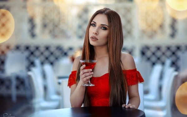 Women Model Depth Of Field Red Dress Drink Cocktail Long Hair Redhead Blue Eyes HD Wallpaper | Background Image