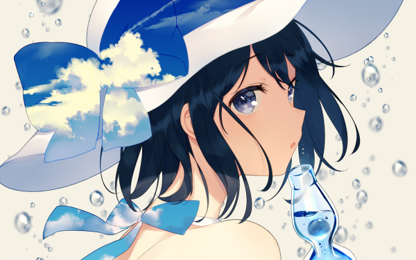 Anime Girl Short Hair Hat bow Bubble Black Hair Blue Eyes HD Wallpaper | Background Image