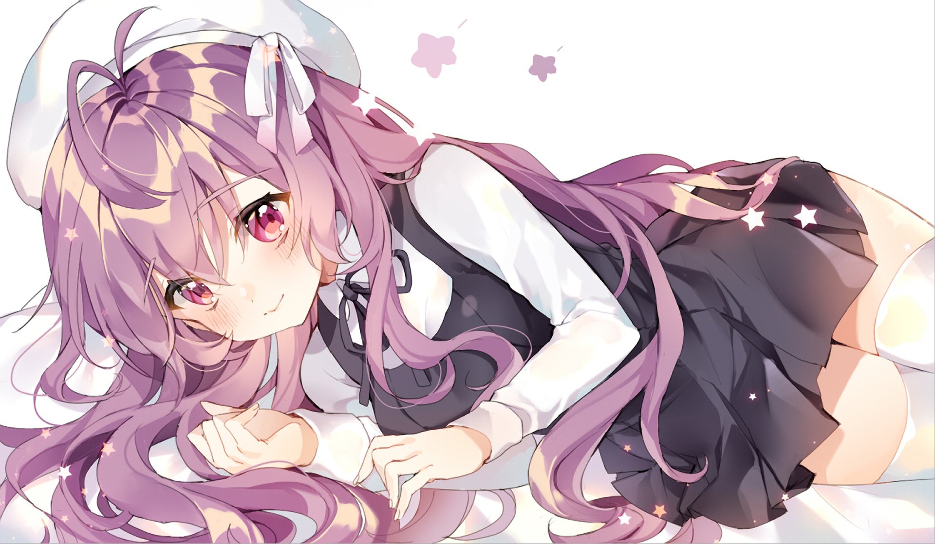Anime-style original character with long pink hair and pink eyes, dressed in a school uniform, featured in a high-definition PC desktop wallpaper.