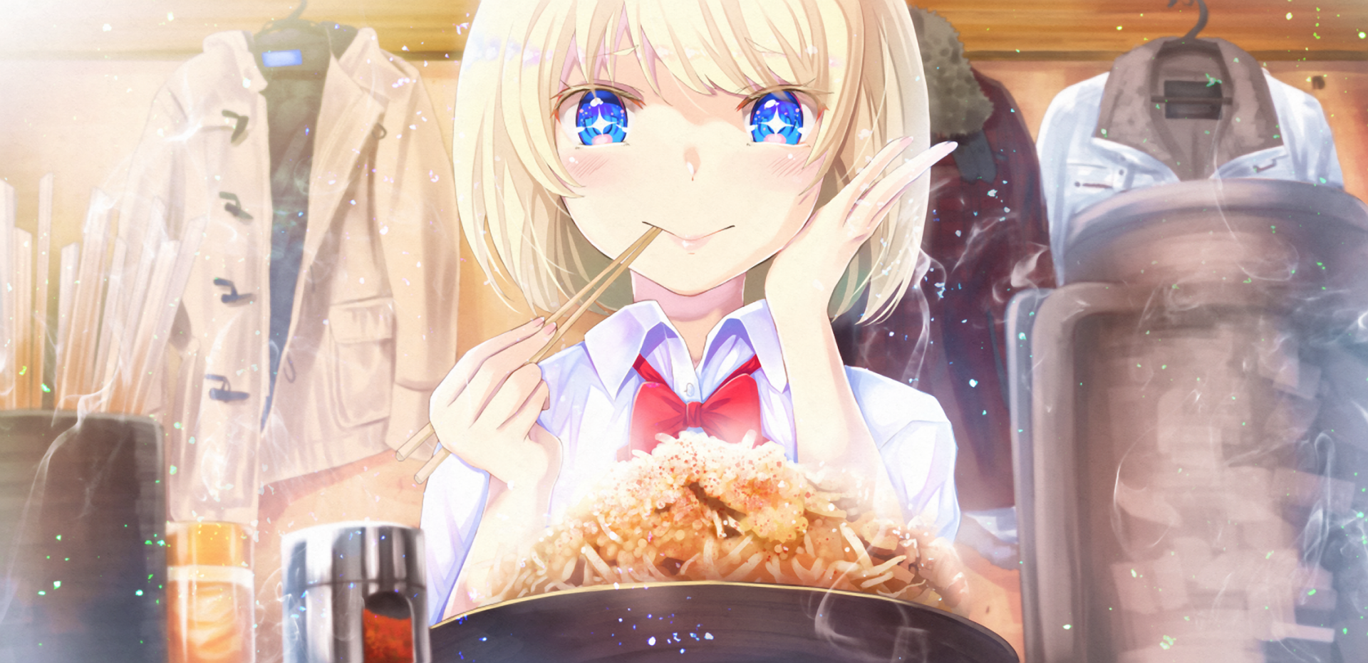 Anime-style HD desktop wallpaper featuring a blonde character with short hair and striking blue eyes enjoying a meal in a cozy, detailed indoor setting.
