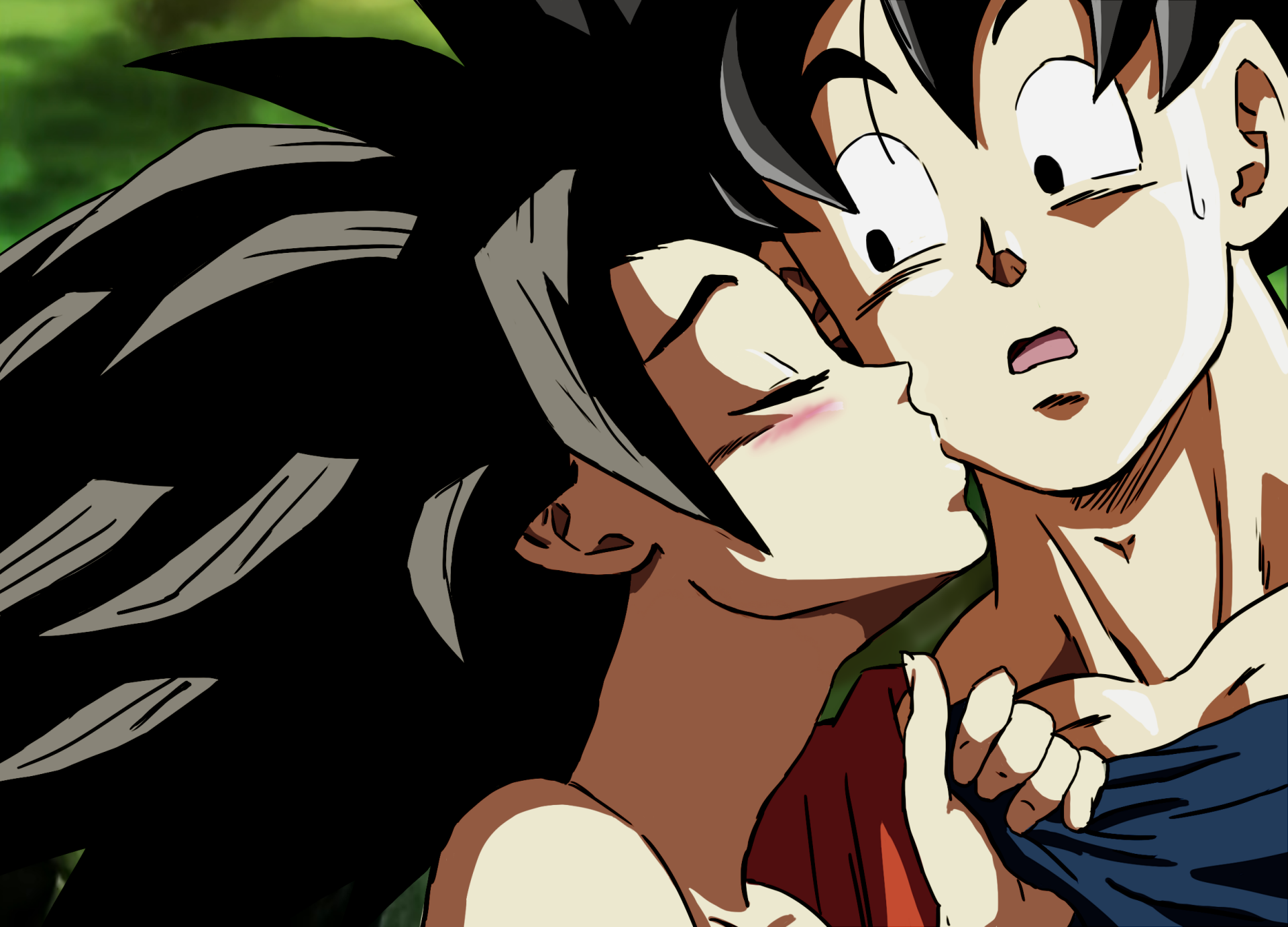 Anime characters Caulifla and Goku from Dragon Ball Super, depicted in a close interaction, form the HD wallpaper background.