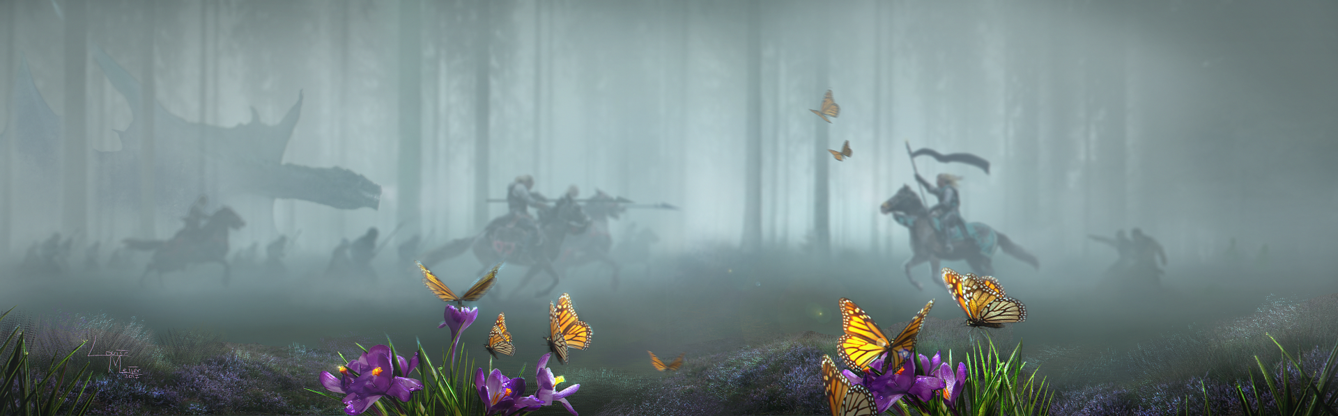 A foggy fantasy battle scene with warriors on horseback facing a dragon, vibrant butterflies fluttering above purple flowers in this HD PC desktop wallpaper.