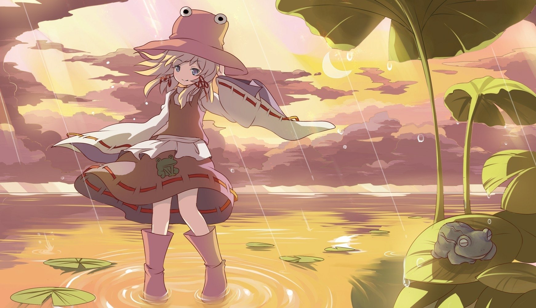 Anime HD desktop wallpaper of Suwako Moriya (Touhou): frog-hat girl standing in shallow rain-soaked water under a giant leaf umbrella at sunset, lily pads and a small frog nearby.