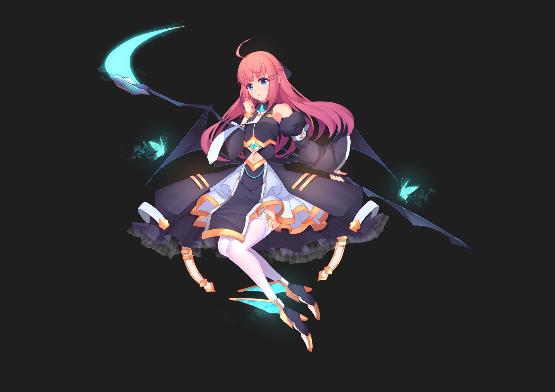 Anime girl with pink hair and blue eyes wields a glowing scythe, wearing a dark dress and thigh highs against a black background in a 4K Ultra HD desktop wallpaper.