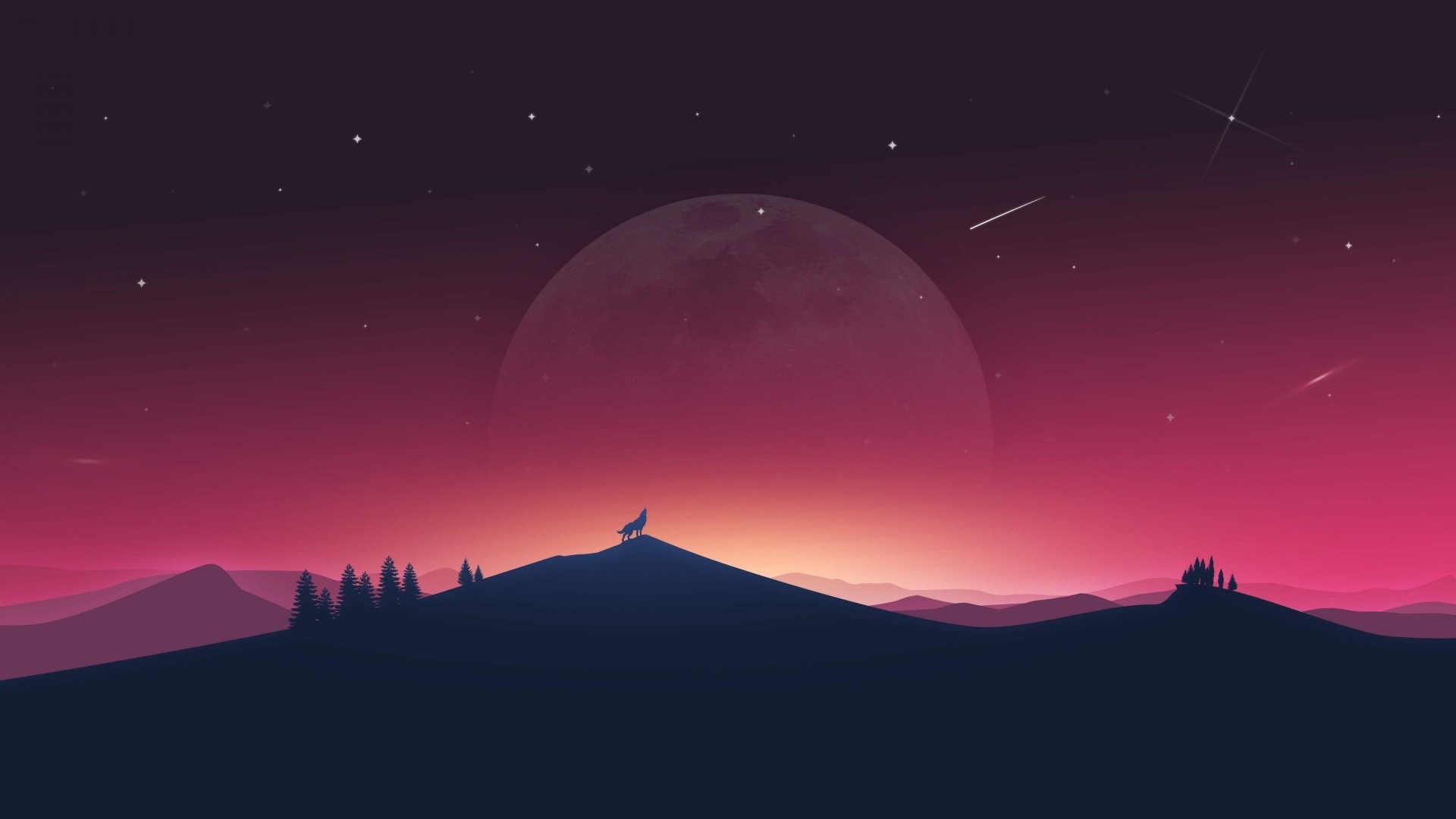 A fantasy HD desktop wallpaper featuring a wolf silhouette on a hill against a night sky with a large moon and twinkling stars in the background. The landscape has a serene and captivating atmosphere.