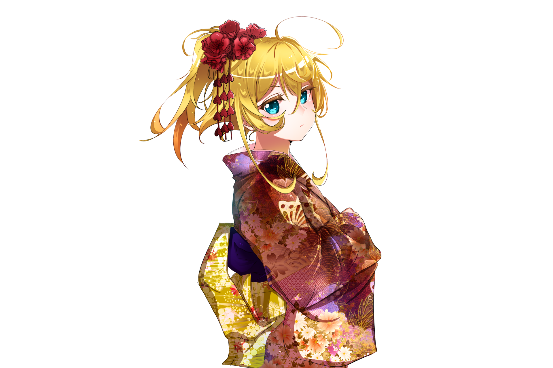 HD anime wallpaper featuring Tanya Degurechaff from The Saga of Tanya the Evil, dressed in a detailed floral kimono with red flowers in her blonde hair.