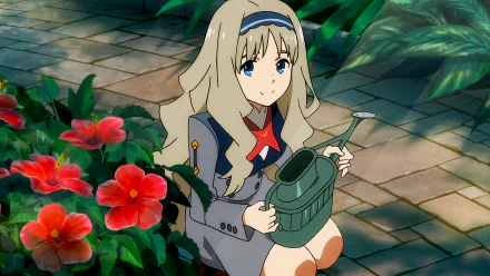 HD wallpaper featuring Kokoro from Darling in the FranXX, holding a watering can and sitting near vibrant red flowers in a garden setting, must have anime background.