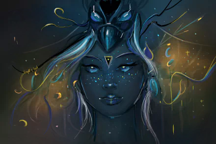 HD PC desktop wallpaper featuring a fantasy-themed woman’s face with glowing blue eyes, intricate headpiece, and ethereal light accents against a dark, mystical background.