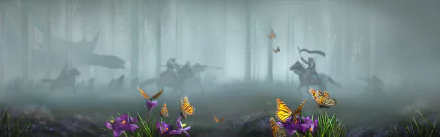 A foggy fantasy battle scene with warriors on horseback facing a dragon, vibrant butterflies fluttering above purple flowers in this HD PC desktop wallpaper.