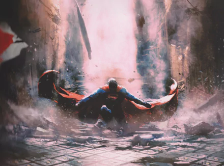 HD wallpaper features Superman from DC Comics' Justice League, kneeling amidst debris with his cape billowing behind him against a dramatic, smoky backdrop.