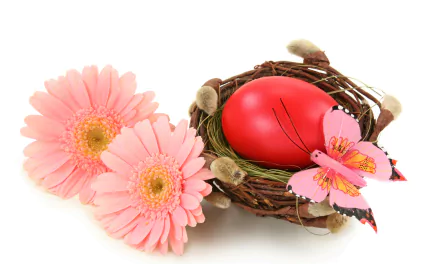 A 4K Ultra HD desktop wallpaper featuring a pink gerbera flower, a red Easter egg in a nest, and a pink butterfly, symbolizing Easter holiday.