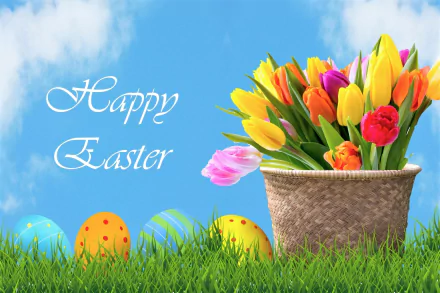 Colorful tulips in a basket with decorated Easter eggs on grass, set against a blue sky background with Happy Easter text, creating a vibrant holiday desktop wallpaper.