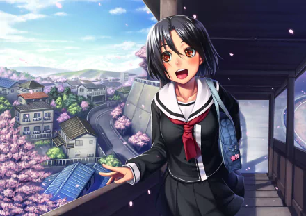 Anime-style spring town scene featuring a short black-haired girl in a school uniform with a blush, set against cherry blossoms and a scenic background, HD desktop wallpaper.