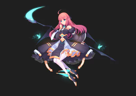 Anime girl with pink hair and blue eyes wields a glowing scythe, wearing a dark dress and thigh highs against a black background in a 4K Ultra HD desktop wallpaper.