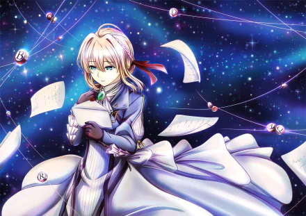 HD PC desktop wallpaper featuring Violet Evergarden from the anime, depicted with flowing papers and a cosmic starry background.
