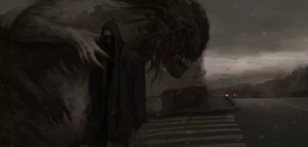 HD PC desktop wallpaper featuring a dark, shadowy creature emerging ominously in a gloomy, misty environment.