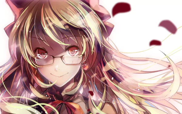 Anime-style Alice (Alice in Wonderland) HD PC desktop wallpaper: close-up of bespectacled Alice with flowing blonde hair, ribbon, soft pink petals and warm glowing light.