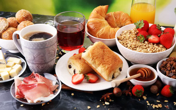 A vibrant 8K Ultra HD breakfast still life featuring croissants, juice, coffee, honey, strawberries, viennoiserie, and assorted fresh foods on a table.