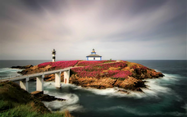 A man-made bridge in Spain connecting to a rocky island with vibrant pink flowers and a lighthouse, captured in stunning 4K Ultra HD detail.