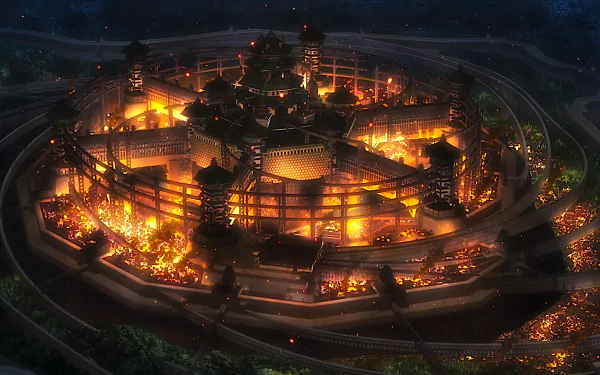 HD desktop wallpaper featuring a fiery, enclosed city from the anime series Kabaneri of the Iron Fortress. The city is ablaze with vibrant flames amidst the night backdrop.