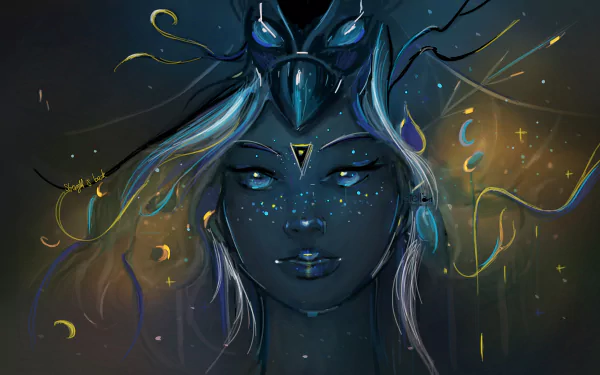 HD PC desktop wallpaper featuring a fantasy-themed woman’s face with glowing blue eyes, intricate headpiece, and ethereal light accents against a dark, mystical background.