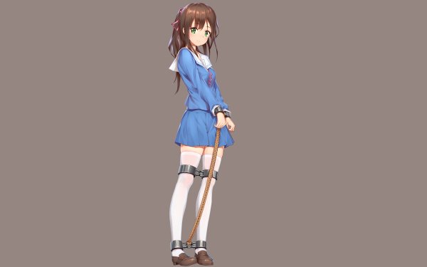 Anime Original Schoolgirl School Uniform Green Eyes Brown Hair Thigh Highs HD Wallpaper | Background Image
