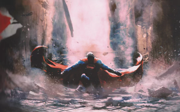 HD wallpaper features Superman from DC Comics' Justice League, kneeling amidst debris with his cape billowing behind him against a dramatic, smoky backdrop.