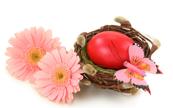 A 4K Ultra HD desktop wallpaper featuring a pink gerbera flower, a red Easter egg in a nest, and a pink butterfly, symbolizing Easter holiday.