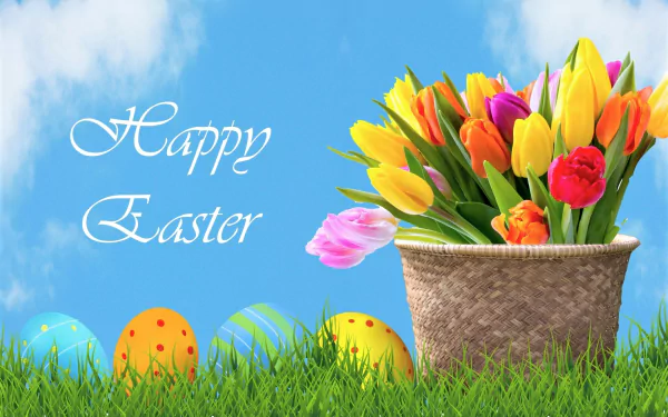 Colorful tulips in a basket with decorated Easter eggs on grass, set against a blue sky background with Happy Easter text, creating a vibrant holiday desktop wallpaper.