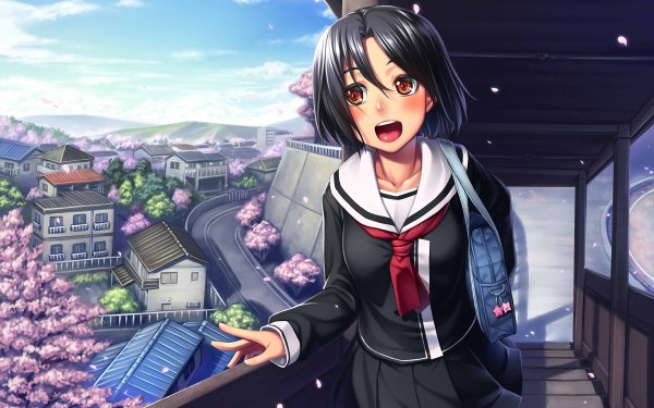 Anime Original Blush School Uniform Short Hair Black Hair Town Spring HD Wallpaper | Background Image