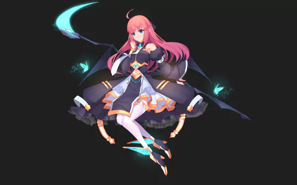 Anime girl with pink hair and blue eyes wields a glowing scythe, wearing a dark dress and thigh highs against a black background in a 4K Ultra HD desktop wallpaper.