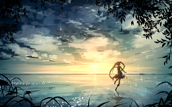 HD anime beach wallpaper featuring a serene sunset over calm waters with a silhouetted character dancing, framed by dark foliage and sparkling reflections.