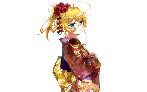 HD anime wallpaper featuring Tanya Degurechaff from The Saga of Tanya the Evil, dressed in a detailed floral kimono with red flowers in her blonde hair.