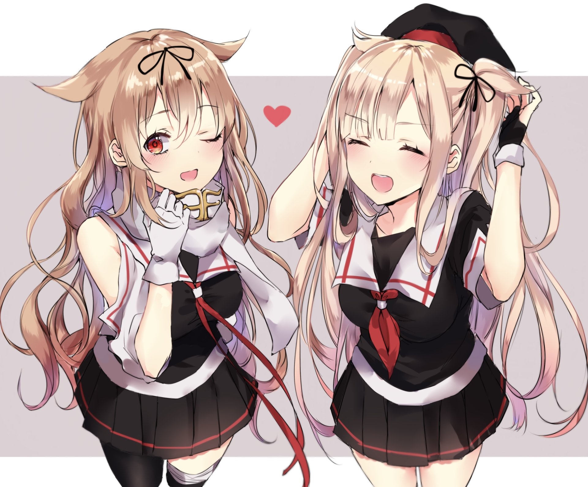 Anime-style 4K Ultra HD desktop wallpaper featuring Murasame and Yuudachi from Kantai Collection, both smiling brightly with a small red heart between them.
