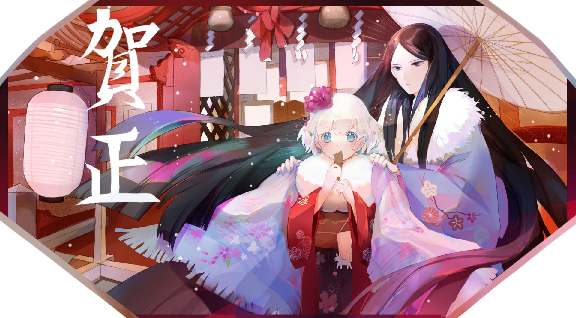 HD anime desktop wallpaper featuring Diamond and Bort from Land of the Lustrous in traditional attire with a vibrant, festive background.
