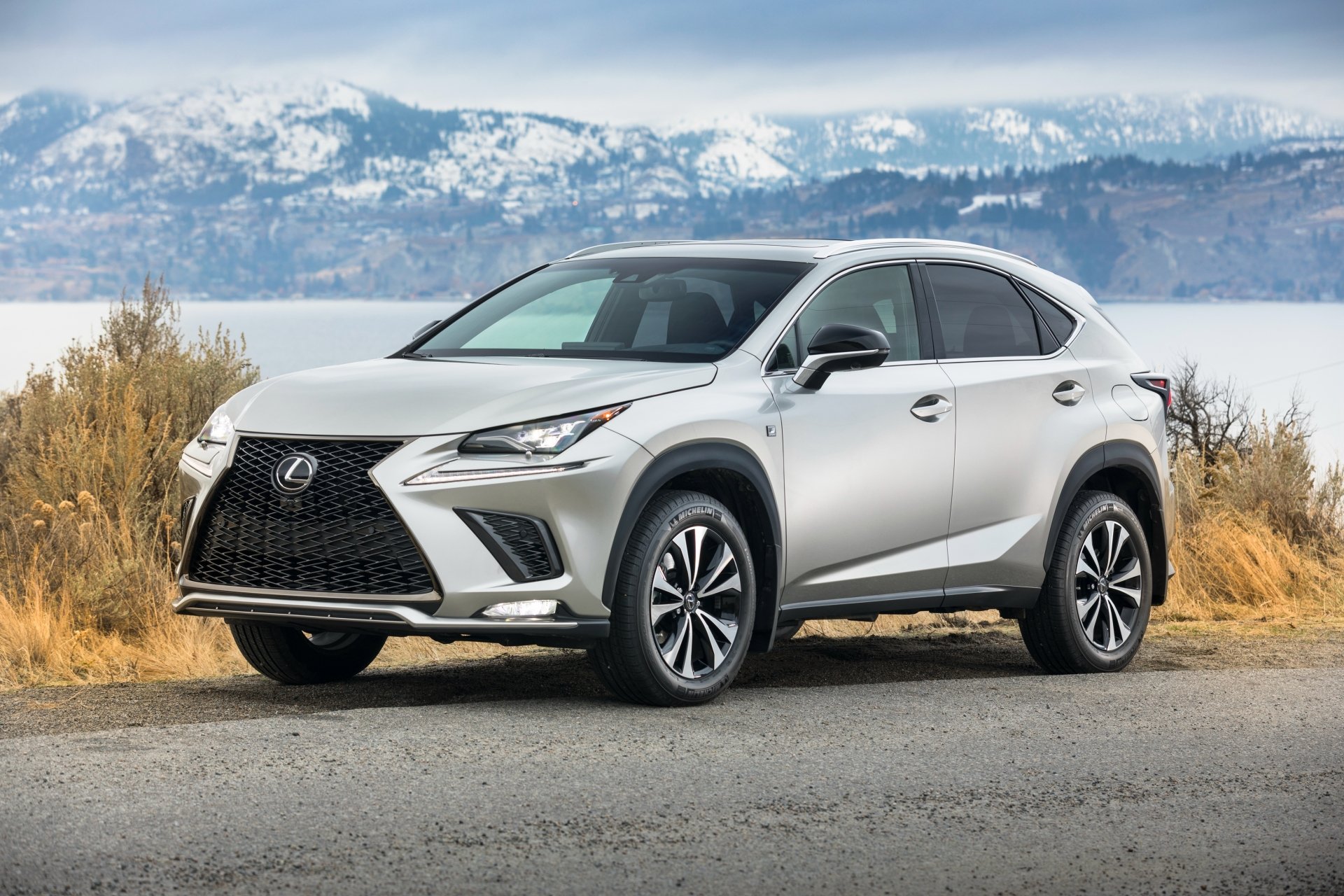 Silver Lexus NX SUV parked on a roadside by a lake with snow-capped mountains — 4K Ultra HD PC desktop wallpaper background.